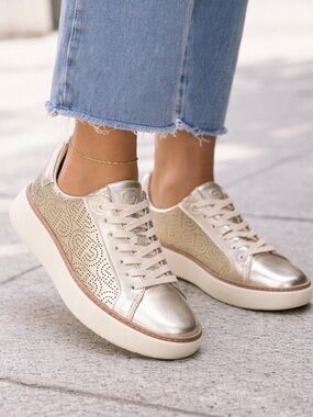 Cole Haan GrandPro Rally Laser Cut Sneakers Gold Metallic Leather Size 8